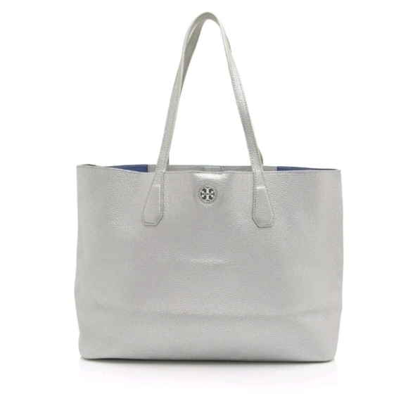 Tory Burch Silver Metallic Pebbled Leather Perry Large Tote Bag - Picture 1 of 16
